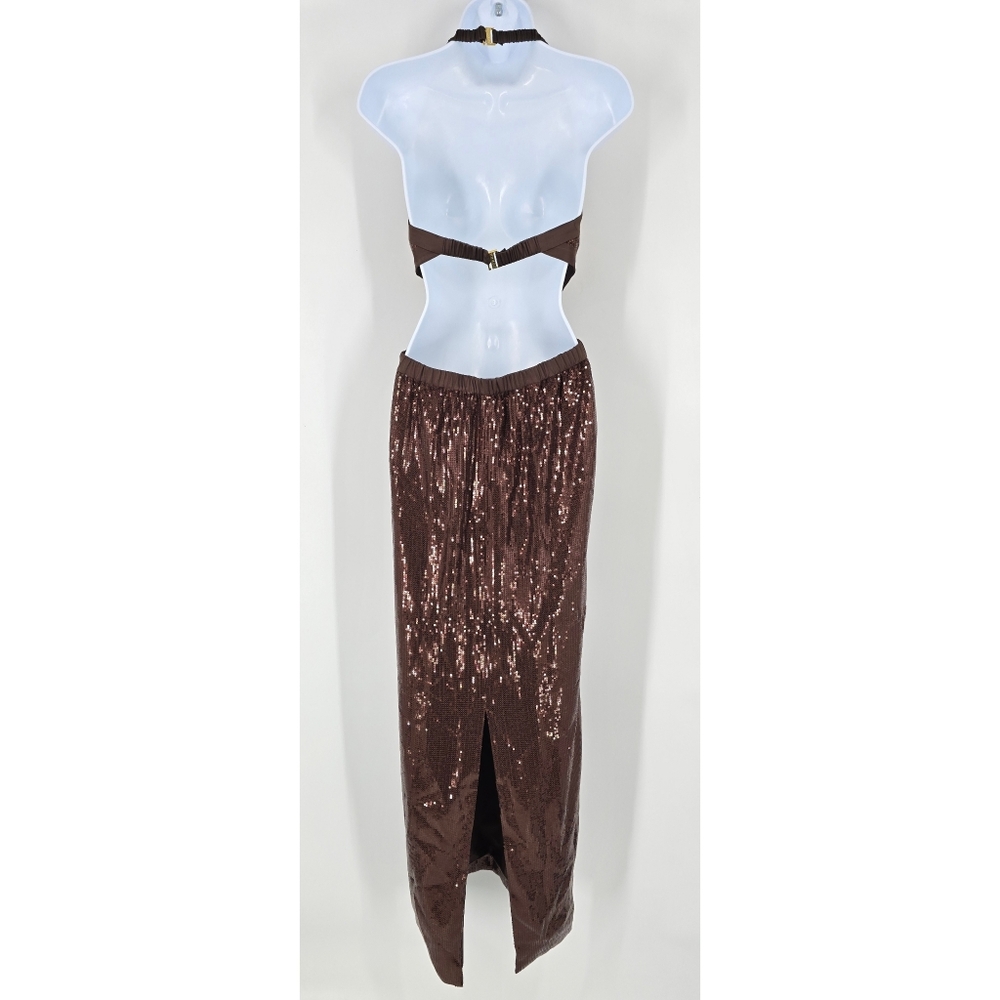 Staud Katharine Brown Cutout Sequin Maxi Dress Gown Halter Top Size M - Picture 13 of 13